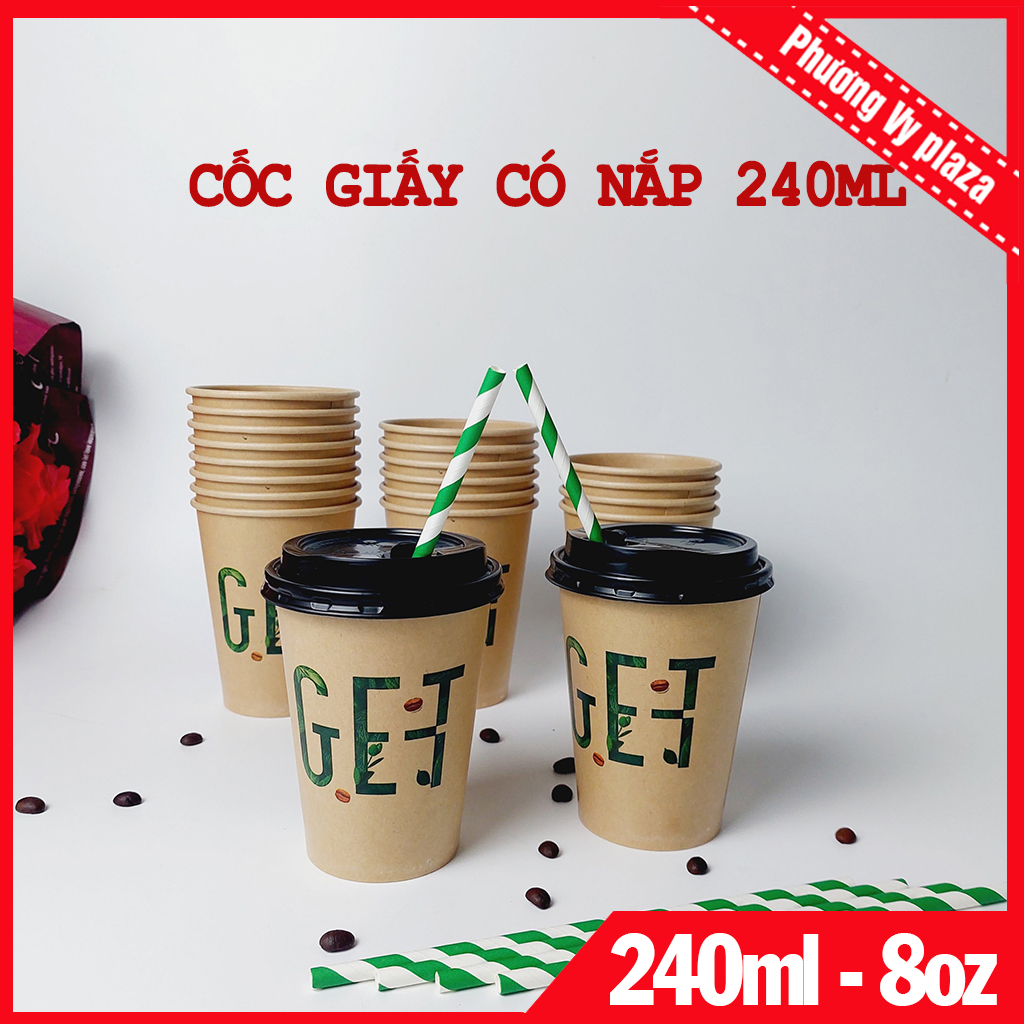 50 chiếc cốc giấy 240ml - 8oz get nâu nắp đen ly giấy nhập khẩu hàn quốc