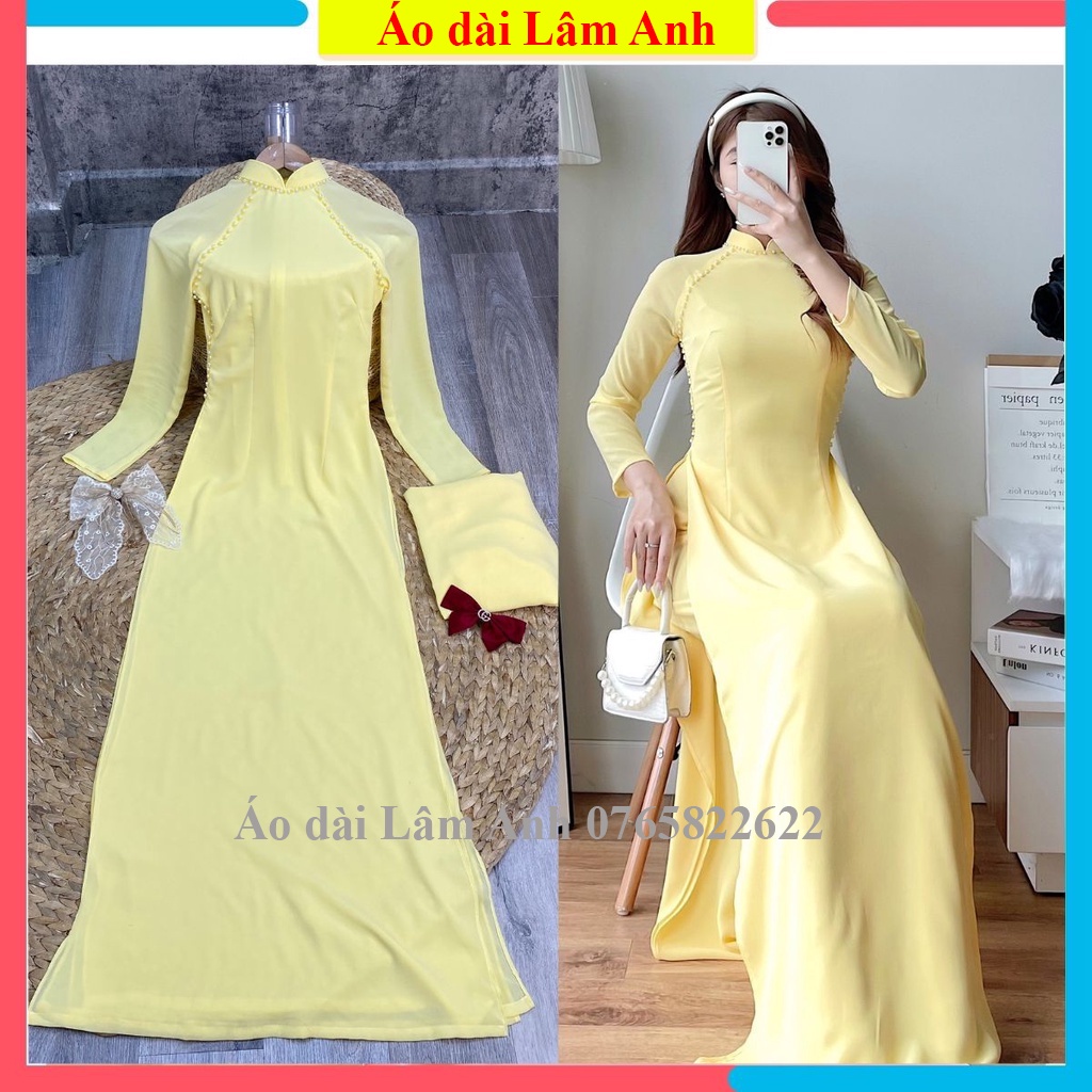Áo dài truyền thống 4 tà thiết kế đính hạt chất lụa cát chiffon cao cấp màu vàng- áo dài nữ 4 tà lâm anh