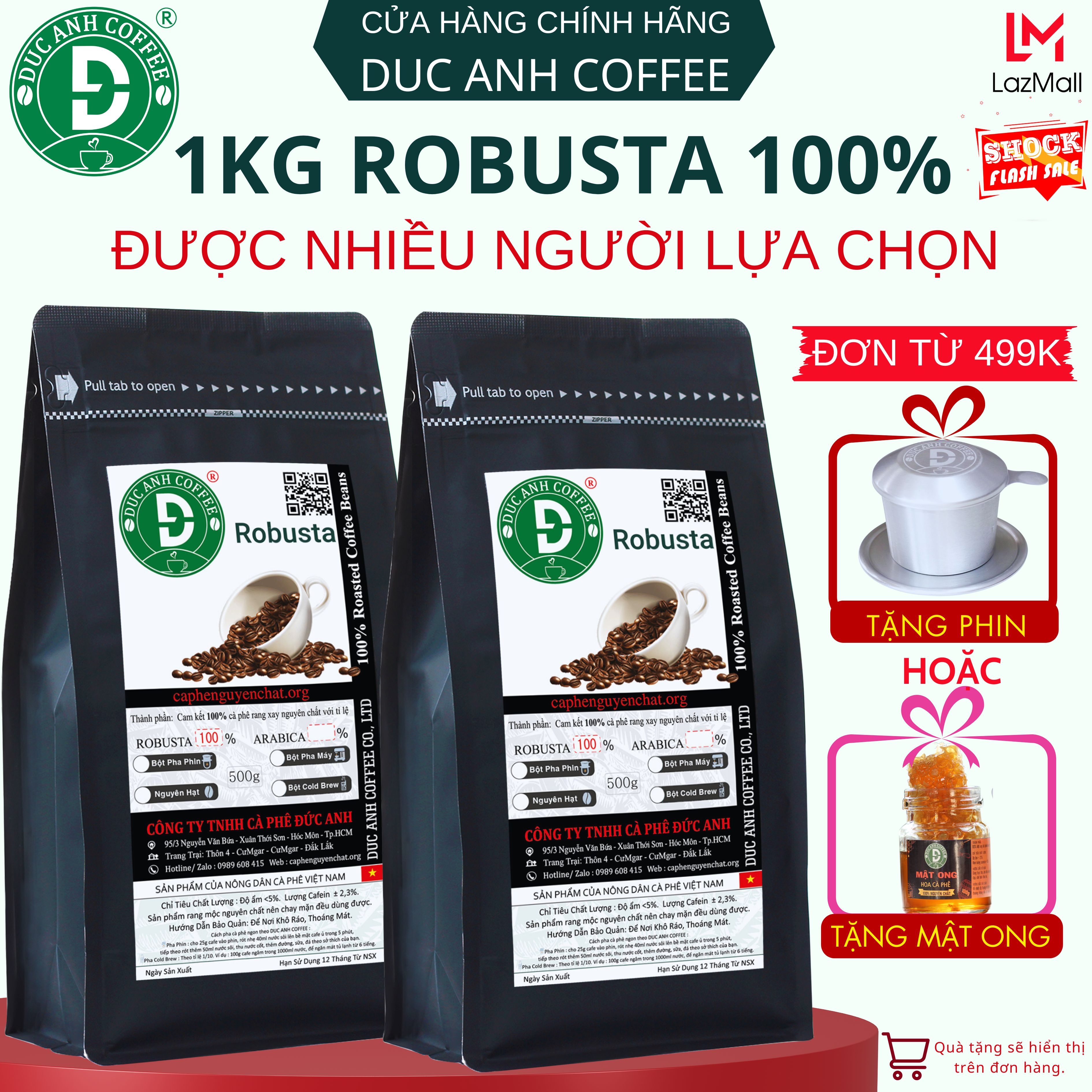 [trợ giá sốc] 1kg Cà Phê Rang Mộc 100% Robusta dùng pha Phin - Pha máy đậm, mạnh, hậu ngọt,cafein cao, thương hiệu cafe DUC ANH COFFEE - cà phê Đức Anh - cafe pha phin
