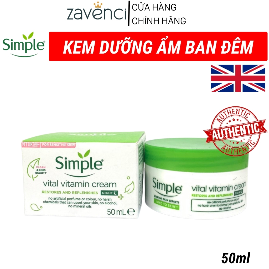 Kem Dưỡng Ngày Đêm Simple zaveci Dưỡng trắng da chuyên sâu  Kind To Skin Vital Vitamin 50ML