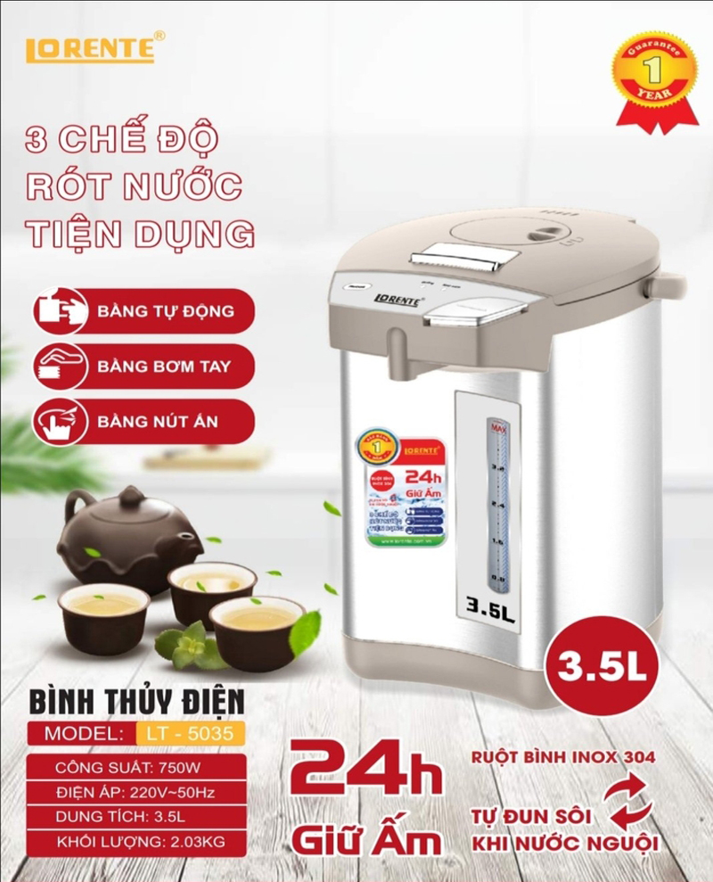 Bình thủy điện chính hãng, an toàn, giá rẻ - bình thủy điện 5l lorente lt-5050 - ruột bình bằng inox 304, tự động đun sôi khi nước nguội, 3 chế độ rót nước tiện dụng: tự động, bơm tay, nút ấn, cột hiển thị mức nước.