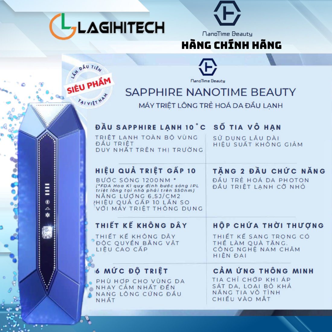 Máy triệt lông trẻ hoá da công nghệ IPL sapphire lạnh pin sạc NanoTime B65Pro - Bảo Hành 24 Tháng
