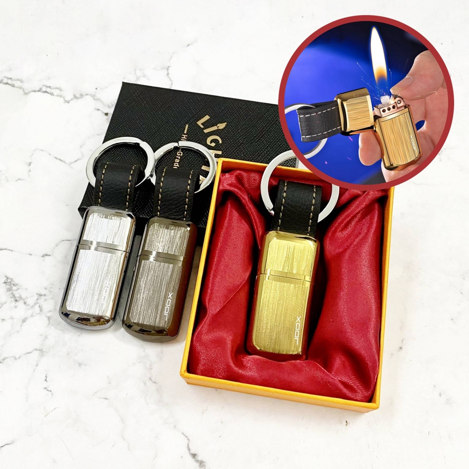 BẬT LỬA XĂNG ĐÁ - MÓC KHOÁ JOOX VÂN XƯỚC (KIM LOẠI) (CÓ HỘP) - (XÀI XĂNG)