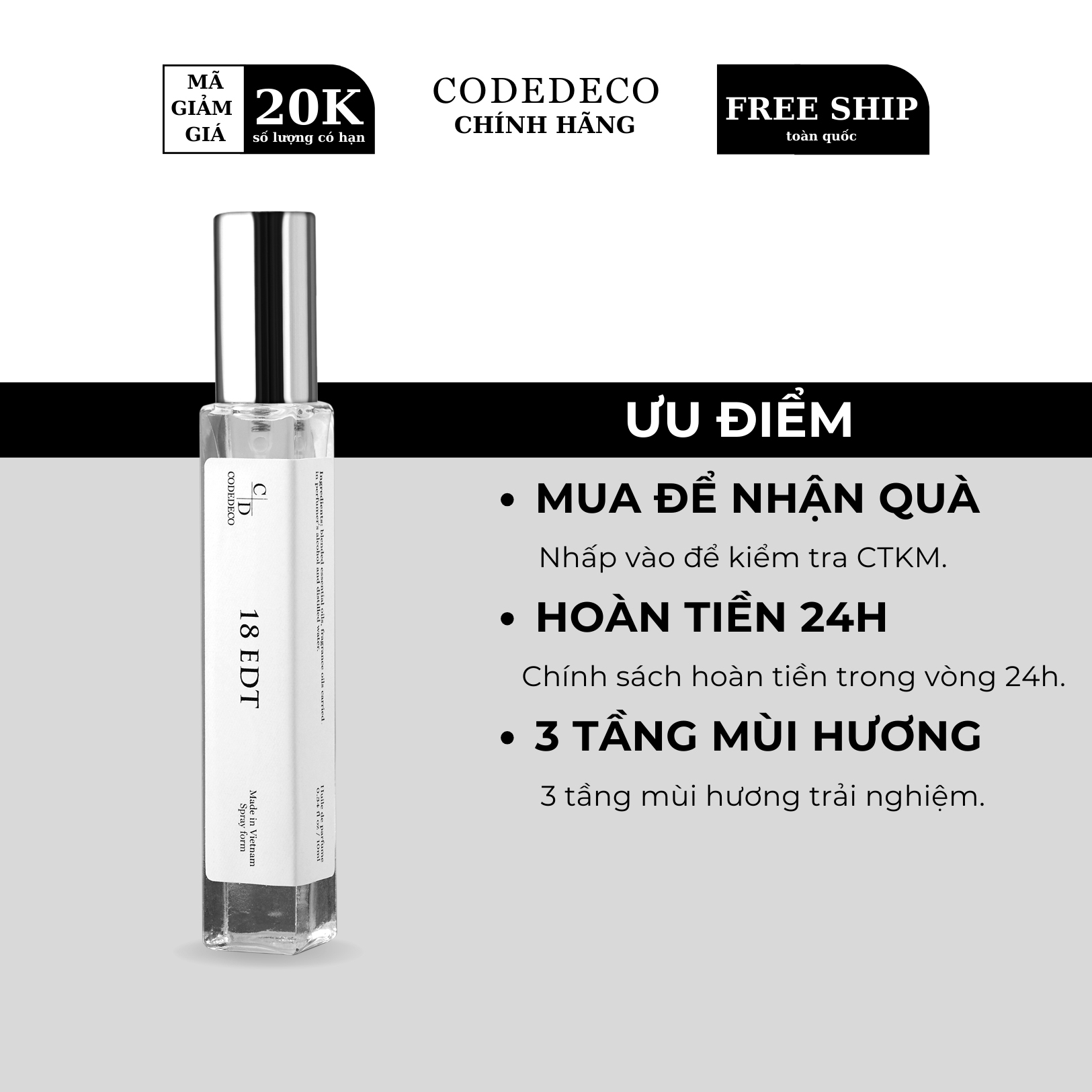 Tinh dầu nước hoa codedeco 18 edt 10ml, nam tính, tươi mát