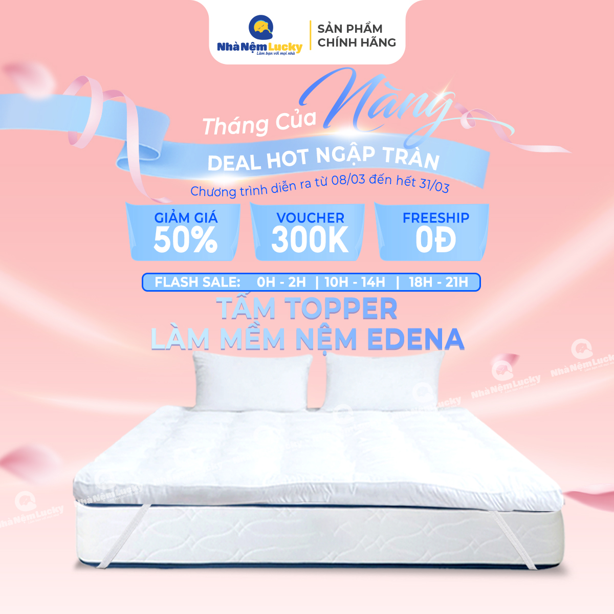 Topper nệm dày mềm bảo vệ nệm edena deluxe dày 5cm màu trắng