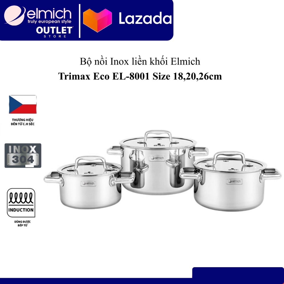 Bộ 3 nồi inox liền đáy elmich trimax eco el-8001 size 18, 20, 26cm