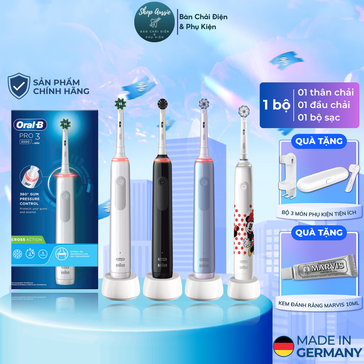 Bàn Chải Điện Oral-B Braun Pro 3 3000 - Cảm Biến Lực 360 Độ, Sạc Đầy Dùng 14 Ngày, Hẹn Giờ Pro-Timer, 3 Chế Độ Chải Răng, Made In Germany