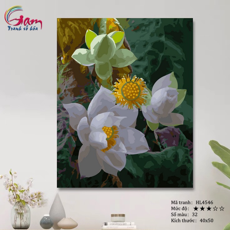 Tranh tô màu theo số Tranhsohoavn hoa sen mới lọ màu to 5ml + 2 bộ cọ + khung 2.5cm HL4546