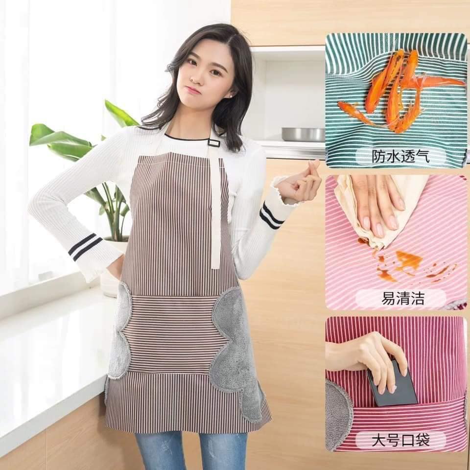 Tạp dề kẻ chống thấm nước, có túi đựng vật dụng cá nhân siêu tiện lợi, có bông hoa 2 bên hông lau tay thấm hút nước- Tạp dề nội trợ phong cách Hàn Quốc