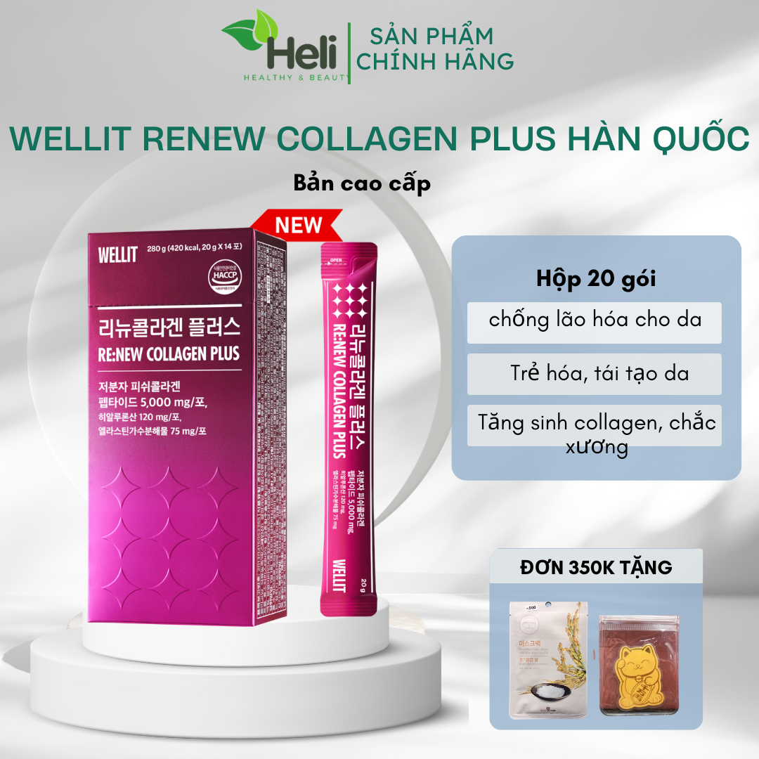 [Chuẩn Hàn] Bản cao cấp Nước Uống Collagen Giúp Trẻ Hóa Và Làm Trắng Da WELLIT Renew Collagen Plus 5000mg Hộp 14 gói