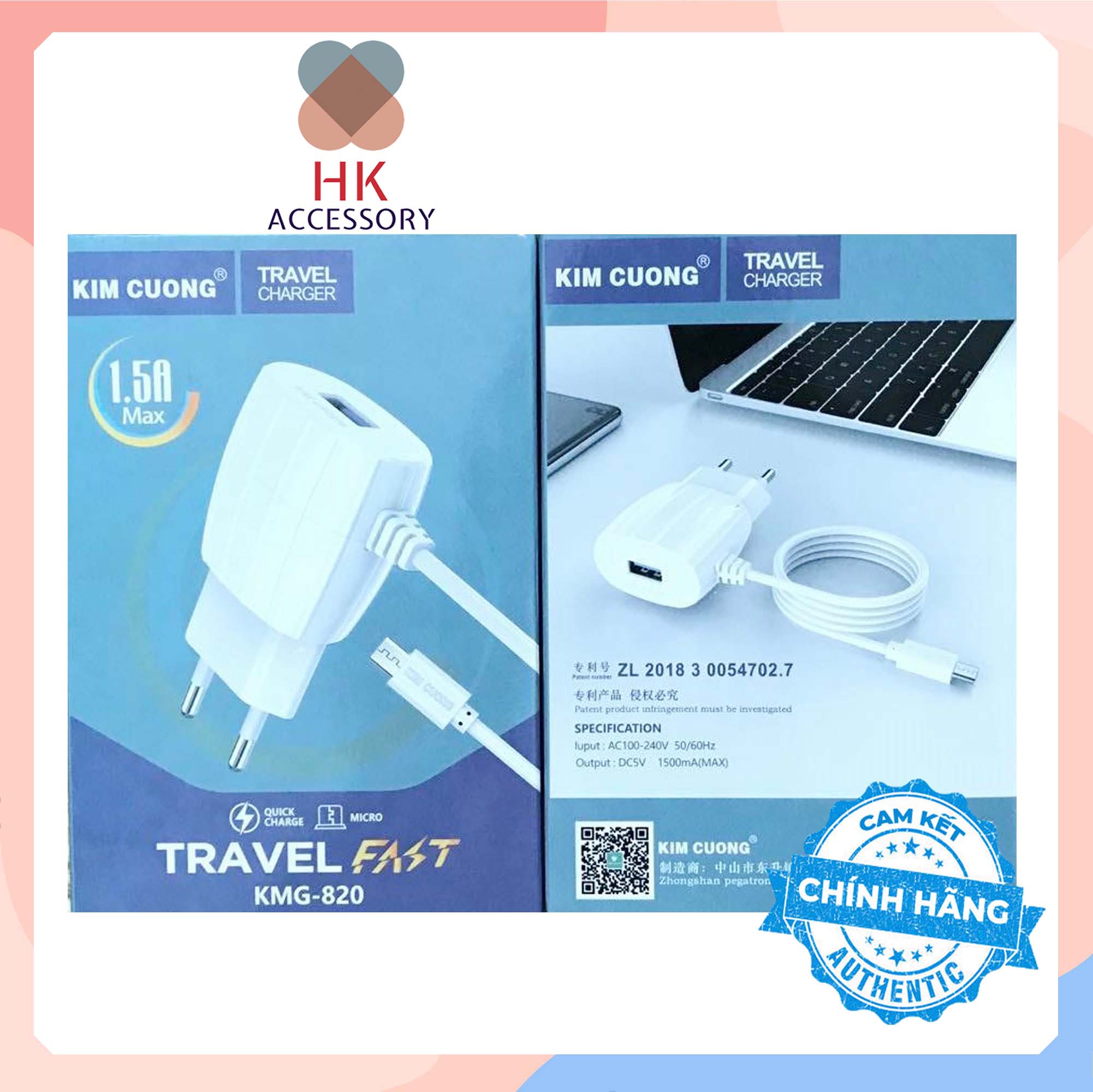 Bộ sạc kim cương kmg 820 liền dây chuẩn micro usb + 01 cổng usb