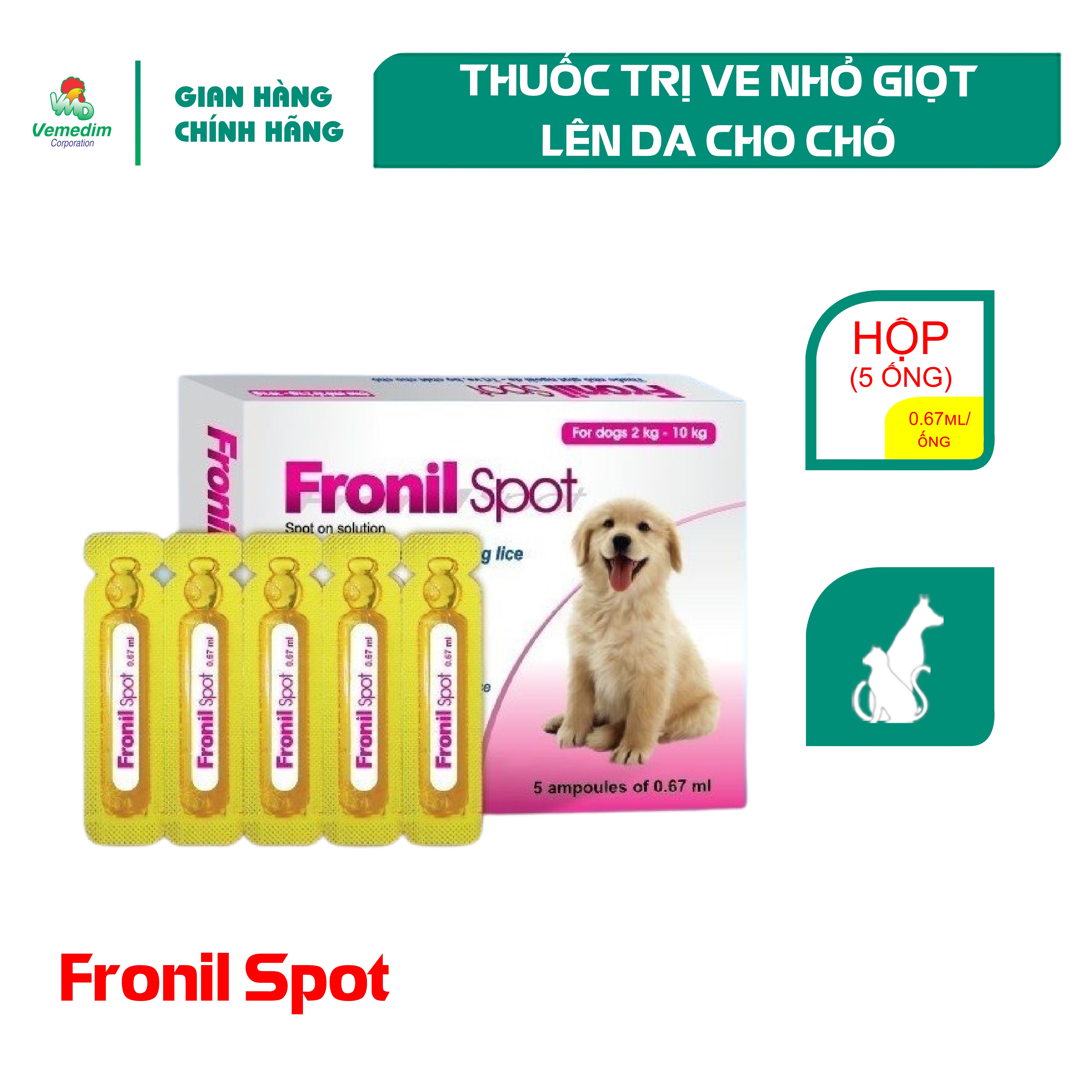 "Hoàn tiền đến 10%" Vemedim Fronil Spot, nhỏ giọt lên da trị ve, bọ chét cho chó mèo, hiệu quả đến 4 tuần, 1 hộp gồm 5 ống.