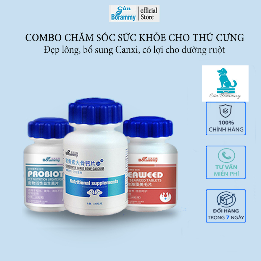 Combo bộ 3 chăm sóc sức khỏe cho chó mèo Borammy - Viên nén bổ sung canxi cho chó trong quá trình tăng trưởng và phát triển cải thiện tiêu hóa chống rụng lông cho chó mèo