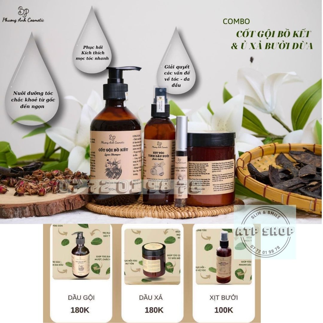 Combo cốt gội bồ kết ủ xả bưởi dừa - tặng xịt bưởi và dưỡng mi / dầu gội thảo dược kích thích mọc tóc 500ml