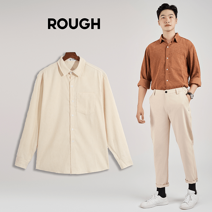 Áo sơ mi dài tay nhung tăm rough, cổ bẻ form suông basic as05