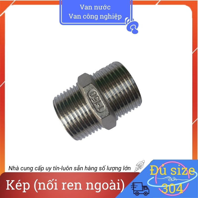 Kép inox 304 phi 34 nối thẳng lục giác ren ngoài hai đầu chất liệu bằng thép không gỉ
