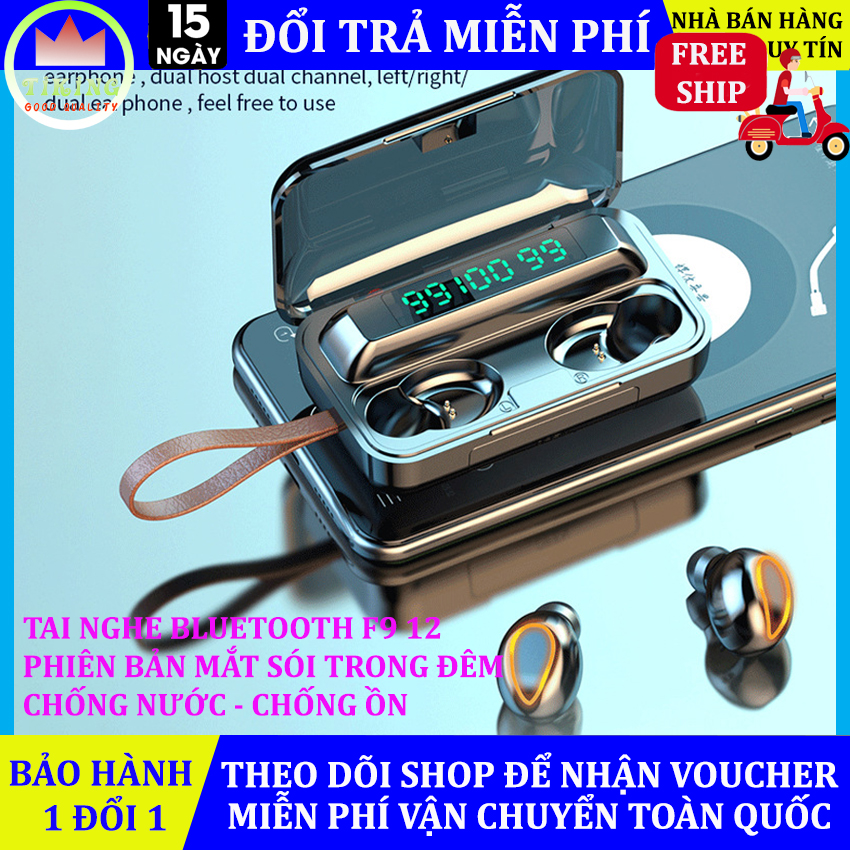 Tai nghe bluetooth F9 phiên bản thứ 12 mắt sói trong đêm, âm thanh vòm 9D chống nước, chống ồn, màn hình led hiển thị pin, tương thích với mọi dòng điện thoại, bảo hành 1 đổi 1