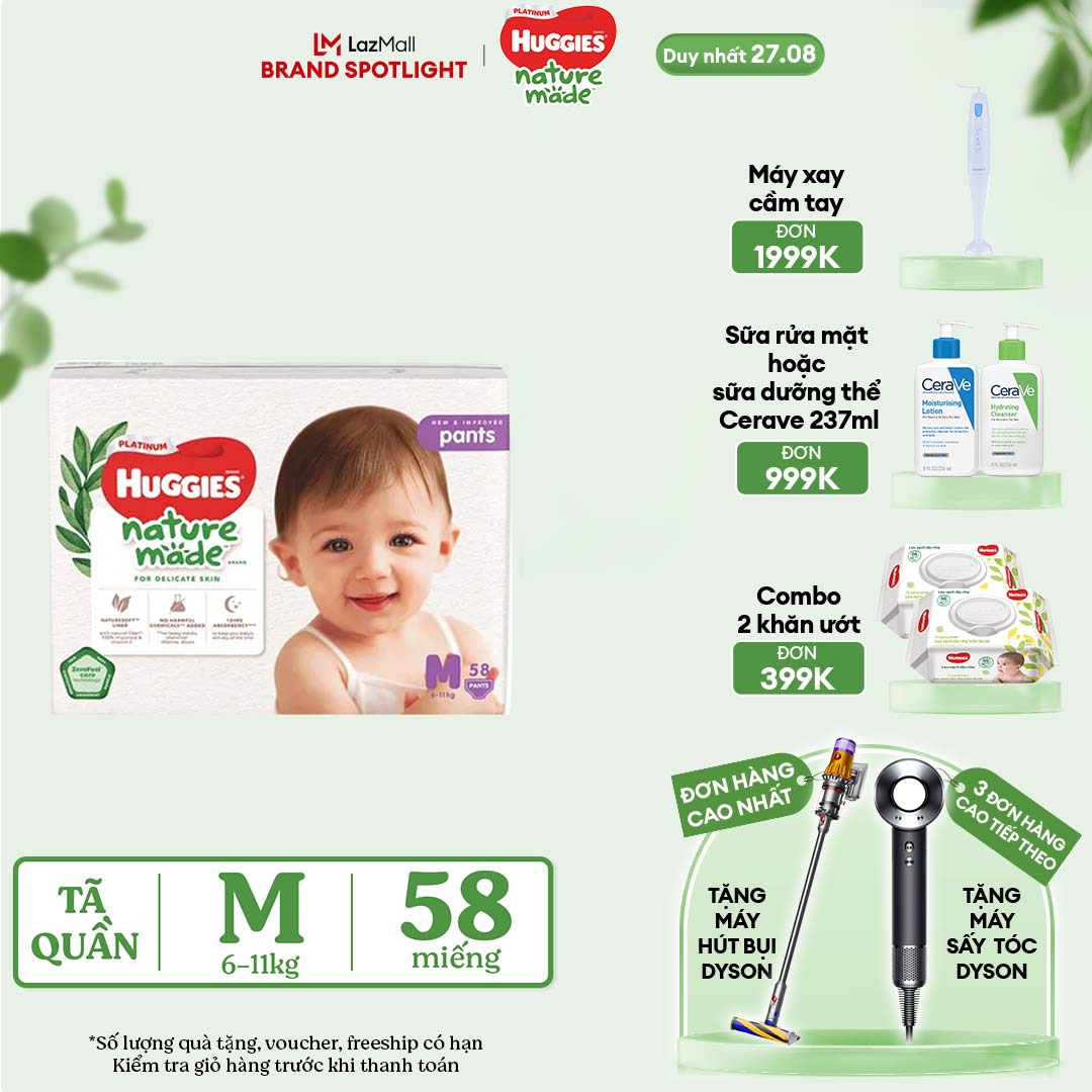 [CHỈ 27.8 GIẢM THÊM 40K] Tã/Bỉm quần HUGGIES PLATINUM NatureMade M58 (6-11kg)-Gói Super Jumbo 58 miếng
