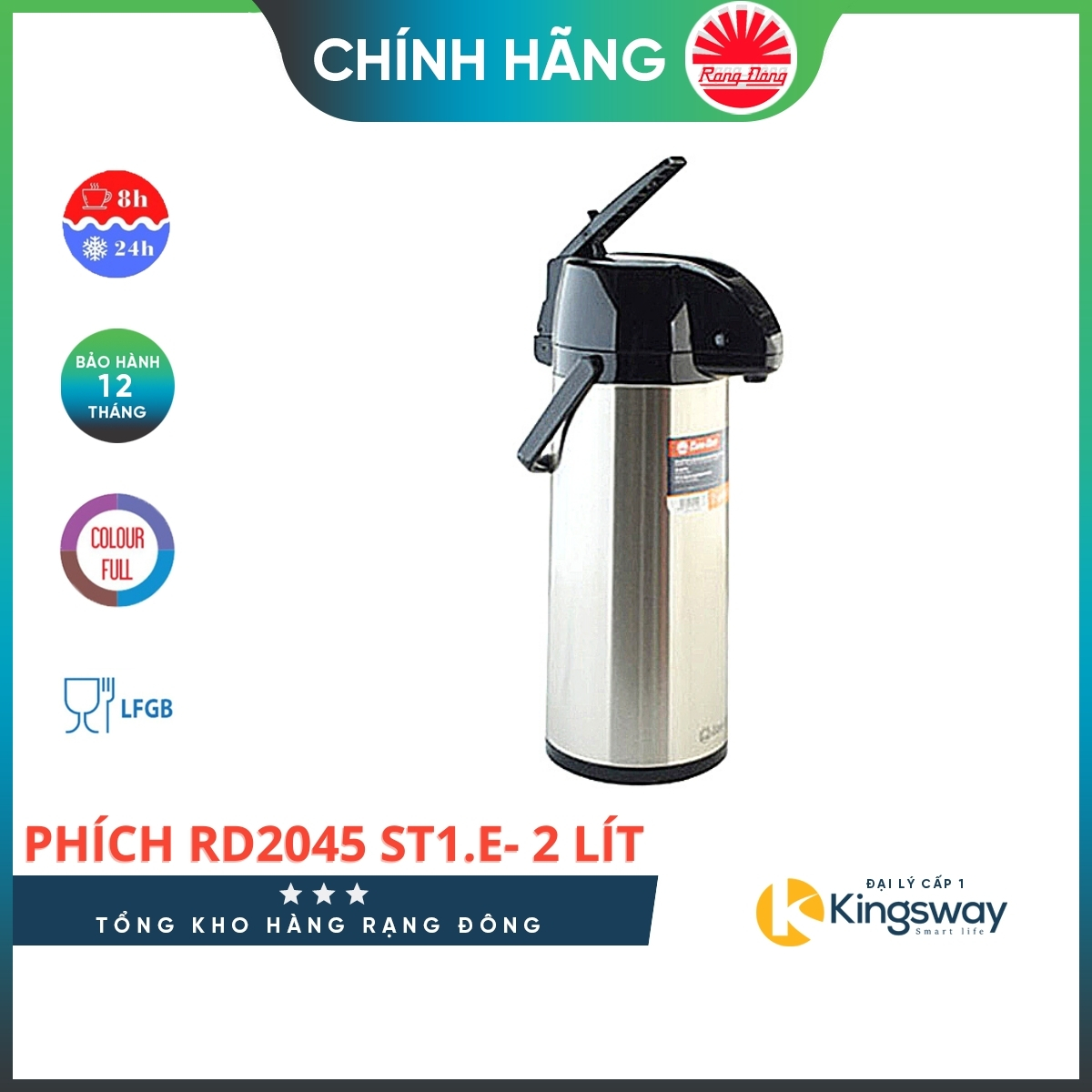 Phích Nước Rạng Đông, Phích Giữ Nhiệt Dạng Cần Bơm Dung Tích 2 lít Model RD 2045 ST1.E