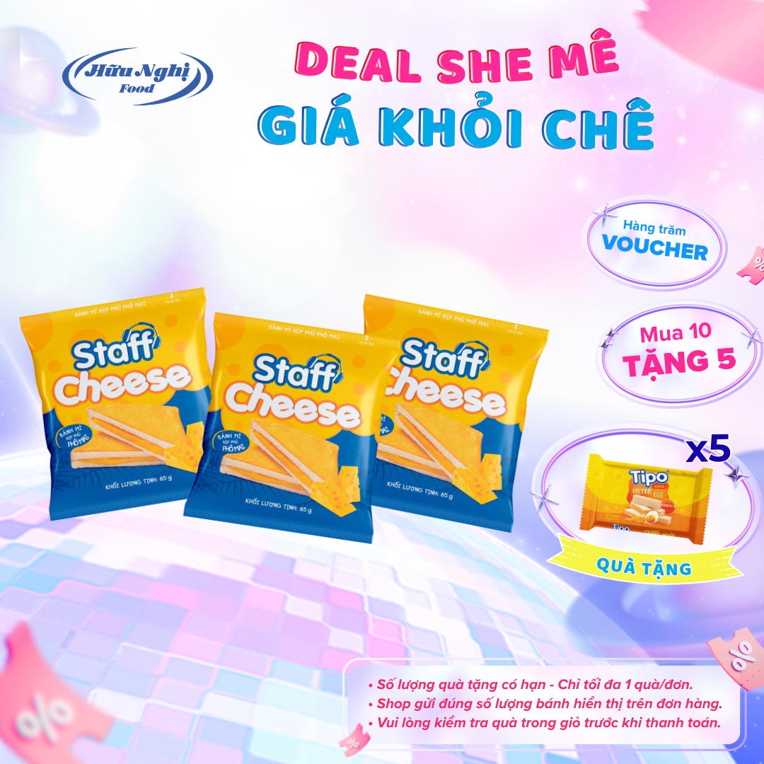 Bánh Mì Sandwich Kẹp Phủ Phô Mai Staff 65g, bánh Hữu Nghị dinh dưỡng, ăn sáng, ăn vặt tiện lợi