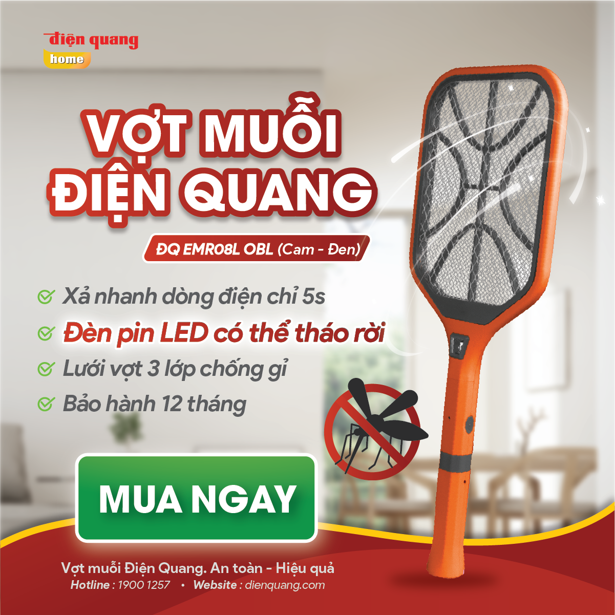 Bộ vợt muỗi đa năng Điện Quang, tích hợp đèn pin cầm tay có thể tháo rời, xả nhanh dòng điện trong 5s, lưới vợt 3 lớp chống gỉ - Bảo hành 12 tháng