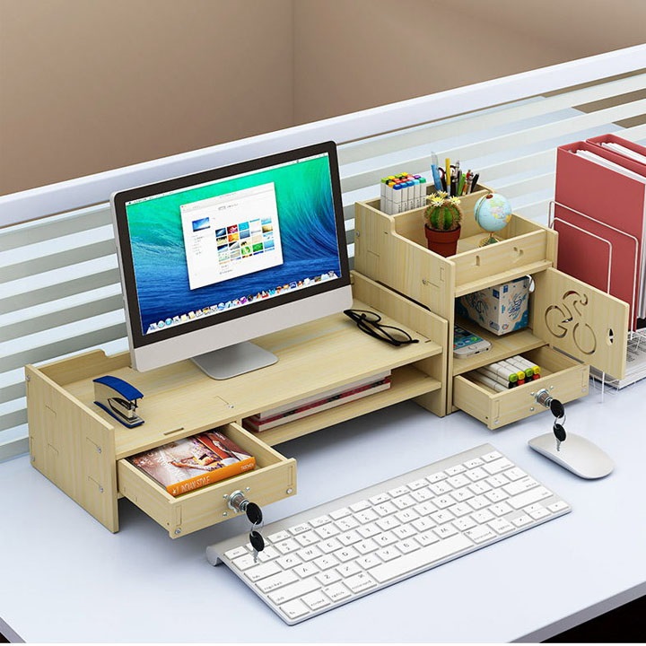 Kệ để màn hình máy tính để dụng cụ bàn làm việc giảm mỏi lưng KMT10 có ổ khóa - Tặng 1 giấy note ghi chú hình trái cây - Vân Sáng