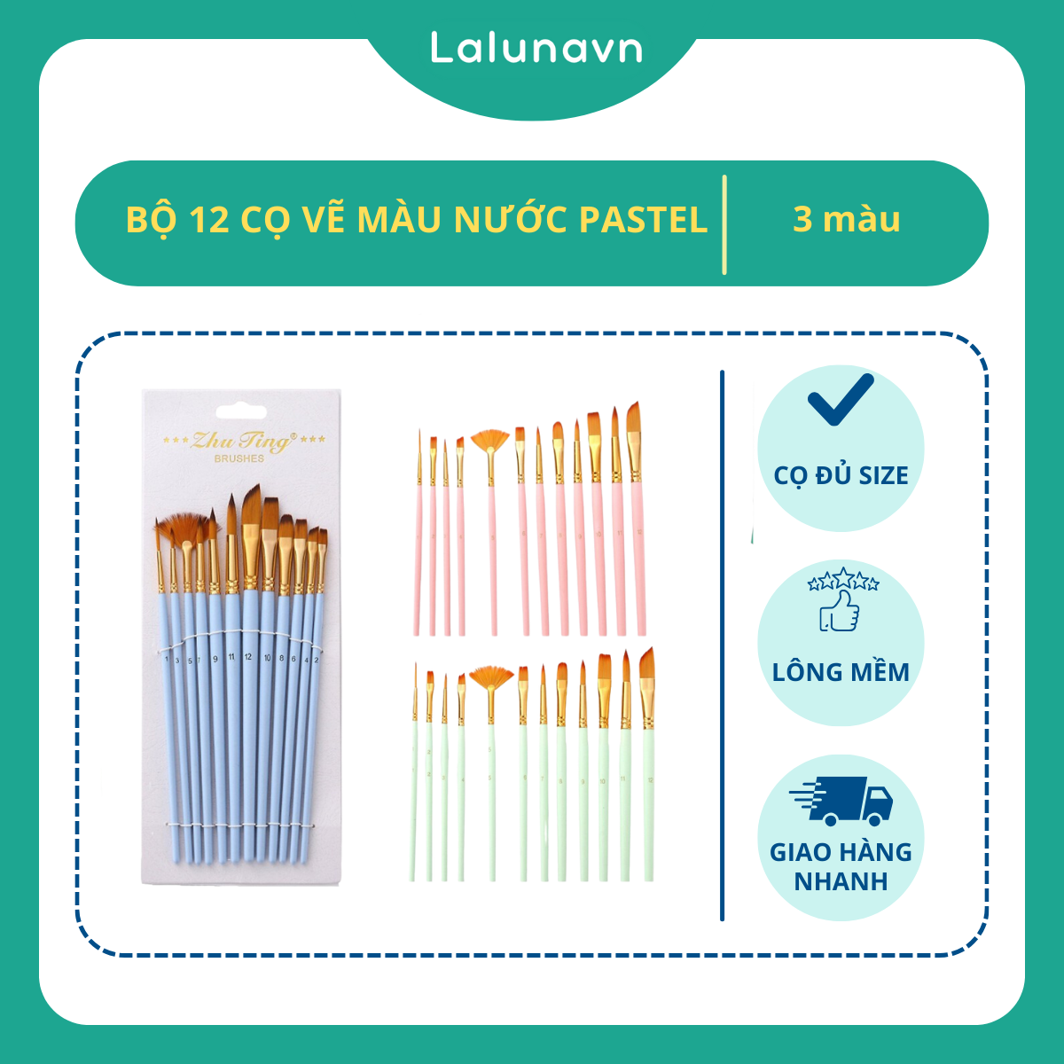 Set 12 cọ vẽ màu nước pastel 3 mint pink blue màu sơn dầu lalunavn - b52