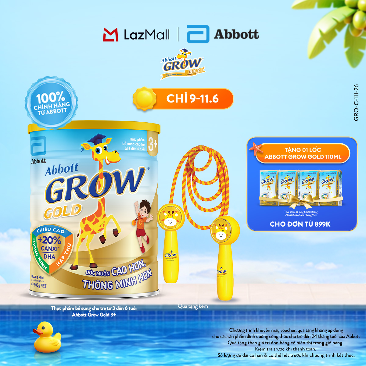 [CHỈ 09-11.06 QUÀ TẶNG CHO ĐH 899K-SLCH] Lon sữa bột Abbott Grow 3+ 800g tặng 1 Dây nhảy thể dục Grow