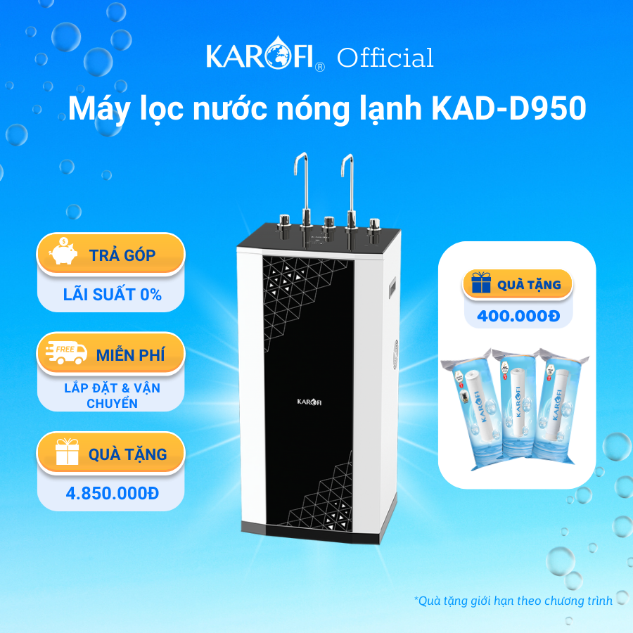 Máy lọc nước nóng lạnh 10 lõi Karofi KAD-D950 màng RO 100GPD chuẩn Mỹ công nghệ Smax - Bảo hành 36 tháng
