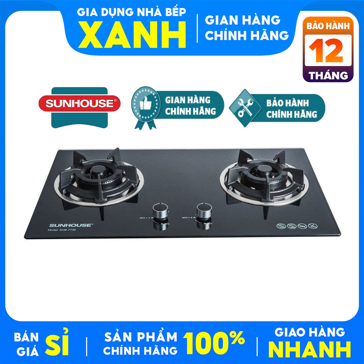 Bếp gas âm đôi Sunhouse SHB7736 Mới100%+Tặng dây gas,cổ dê, tự động ngắt gas,Tiết kiệm gas,Đánh lửa IC,-Bảo Hành 12 Tháng