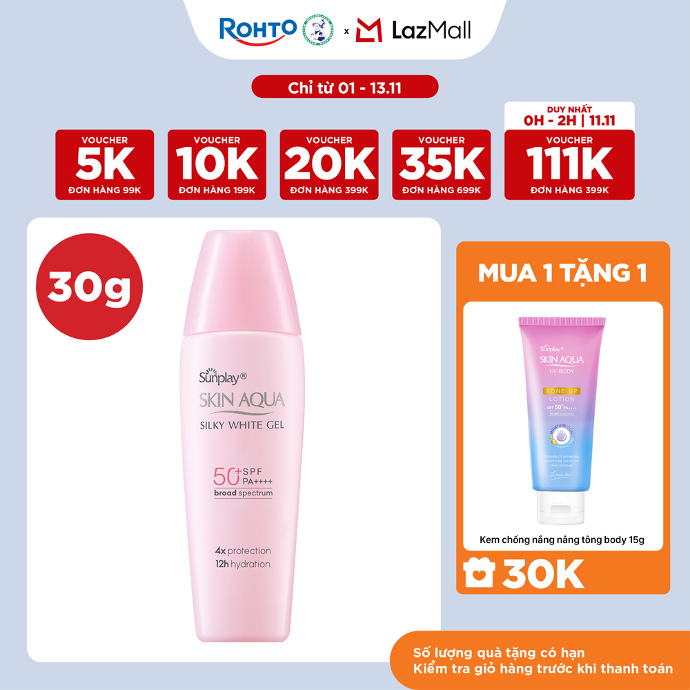 Kem chống nắng Skin Aqua dưỡng trắng & dưỡng ẩm, dùng hàng ngày dạng gel Sunplay Skin Aqua Silky Whi