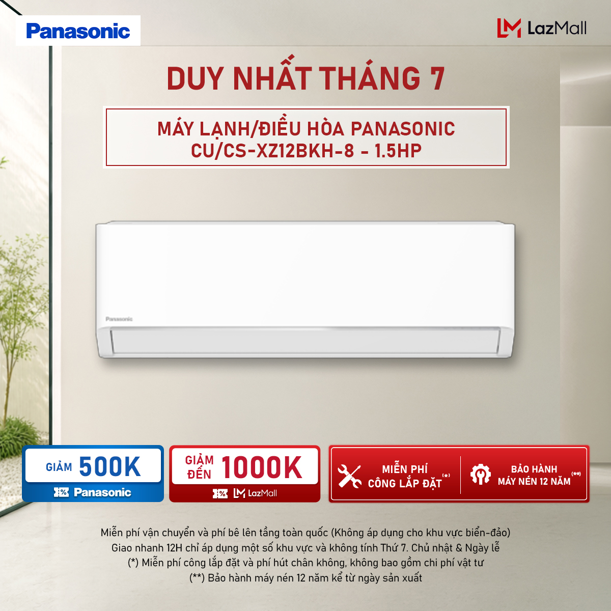 [CHỈ GIAO MIỀN BẮC] [Trả góp 0%] [Chỉ giao miền Bắc] Máy lạnh/Điều hòa Panasonic Inverter CU/CS-XZ12BKH-8 - 1.5HP - Hai chiều - Eco AI - Lọc sạch không khí NanoeX - Wifi - Hàng chính hãng