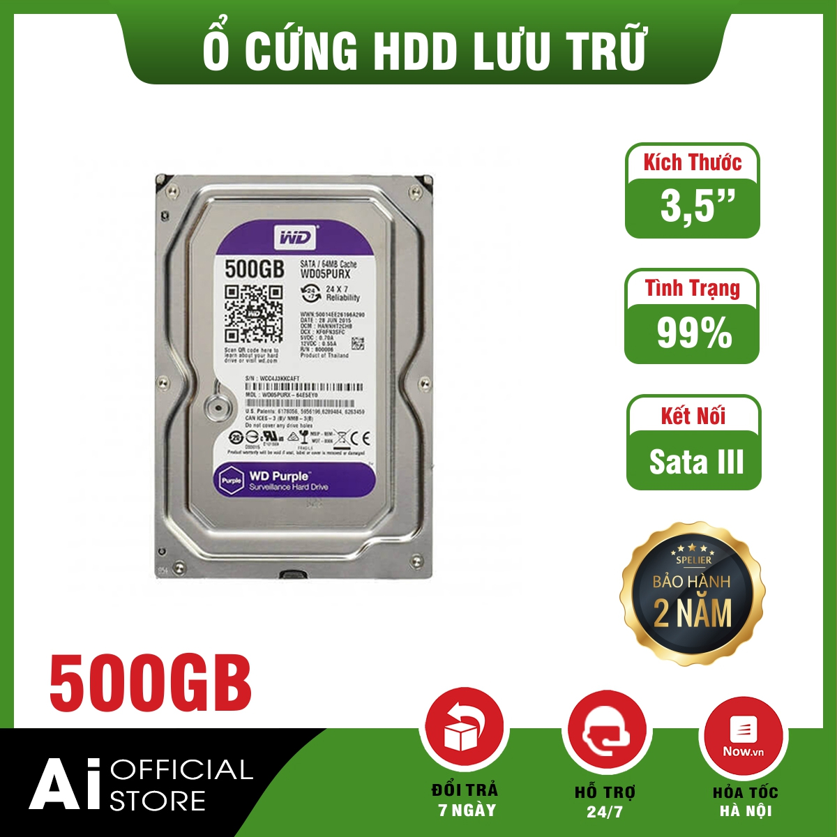 Ổ cứng hdd wd tím 500gb chuyên dụng cho đầu ghi hình camera hoặc máy tính pc - ổ cứng 500gb