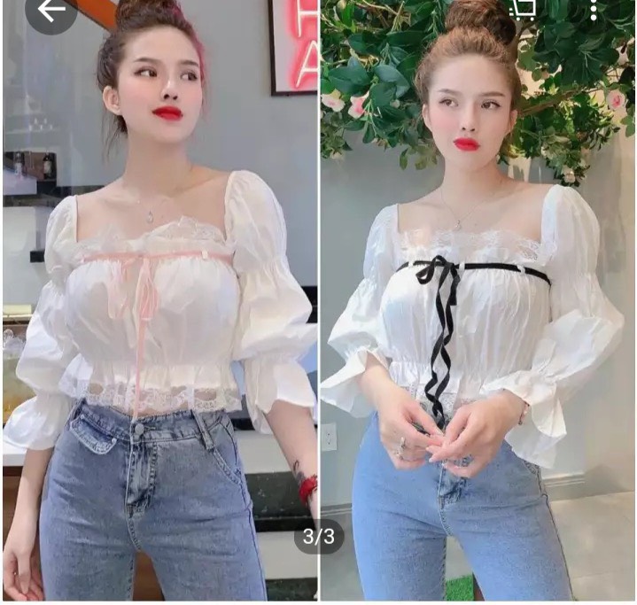 Áo voan trắng croptop cổ vuông phối dây nơ siêu chất TTSLA0049