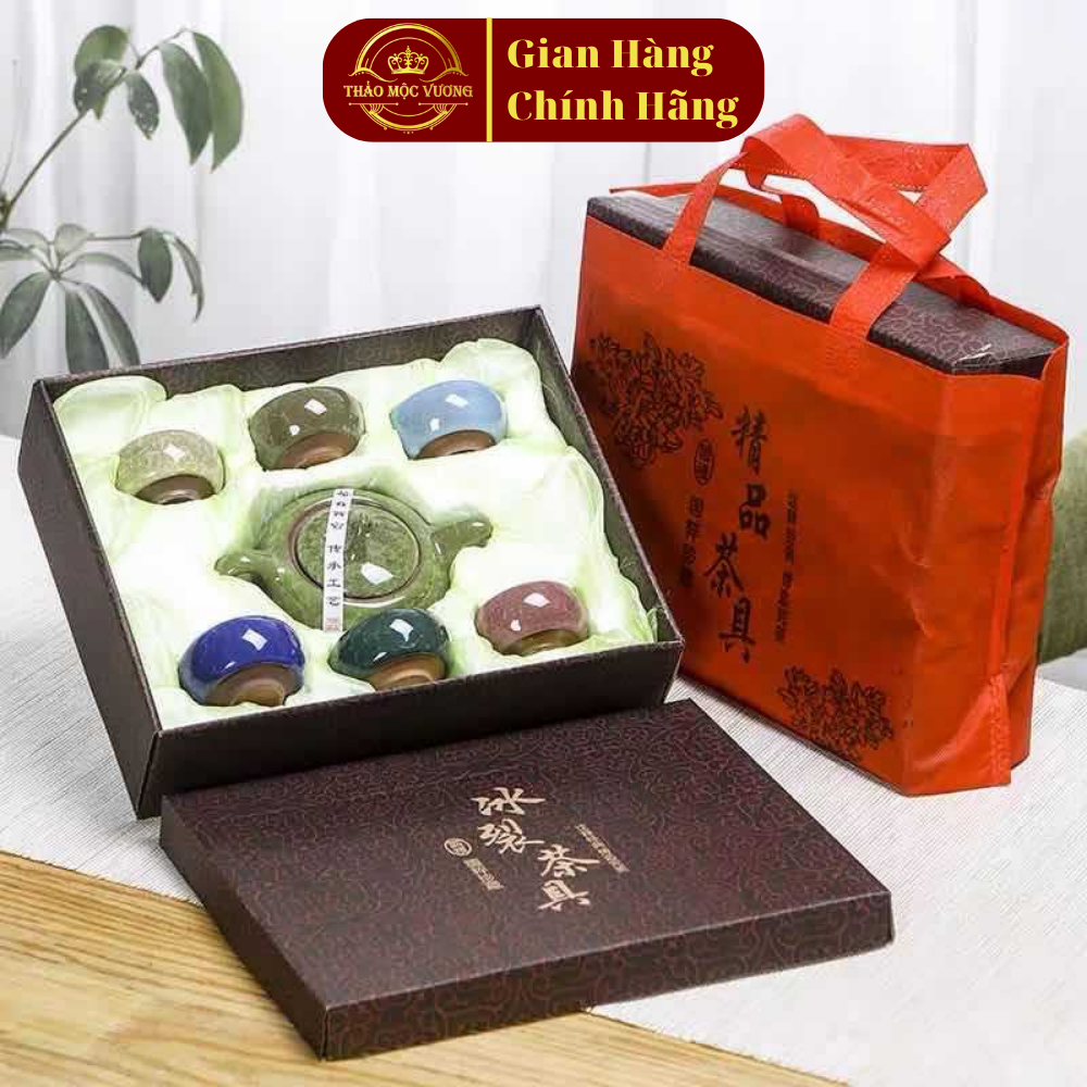 Bộ ấm chén lưu ly cầu vồng men rạn 9 món có hộp quà tặng thiết kế sang trọng và 1 túi đựng vải không dệt
