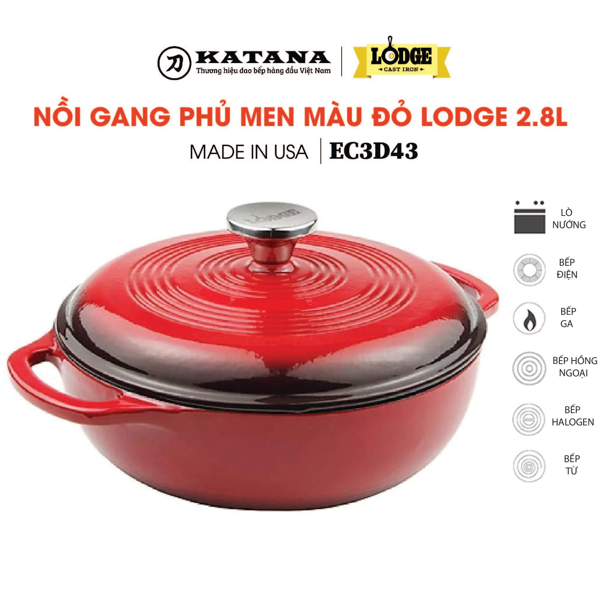 Nồi gang phủ gốm màu đỏ Lodge cao cấp 2.8L nhập khẩu từ Mỹ - Bảo hành chính hãng