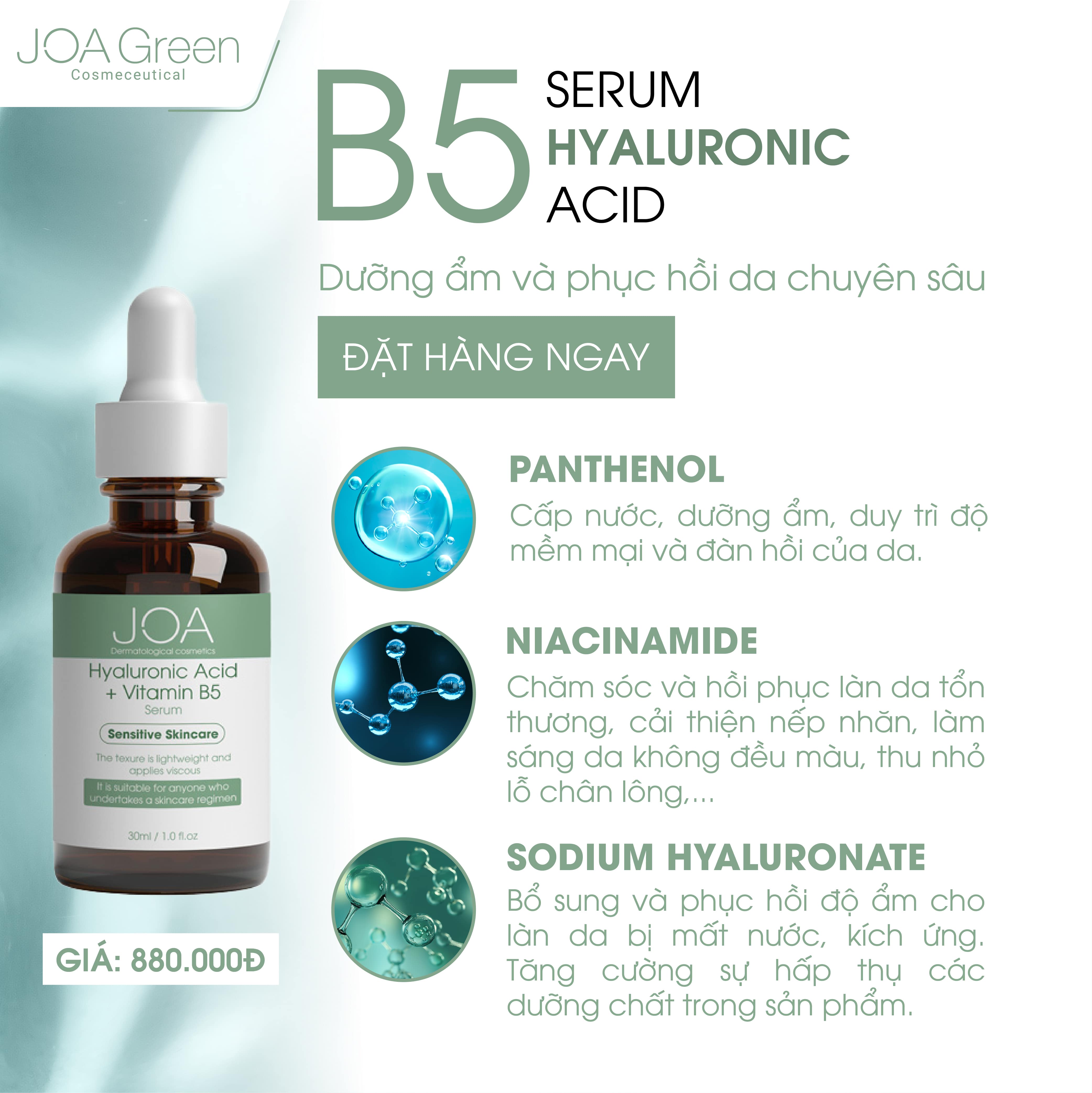 Serum phục hồi da hyaluronic acid + vitamin b5 - joa green 30ml, serum b5 tái tạo da, chống lão hoá - mỹ phẩm ms cosmetic