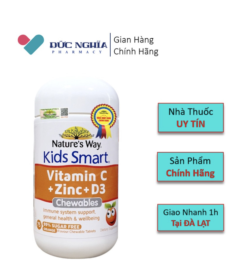 Viên nhai Nature’s Way Kids Smart Vitamin C + Zinc + D3 Chewable Tablets – Bổ Sung Vitamin C, D3 và Kẽm Cho Bé (75 Viên)