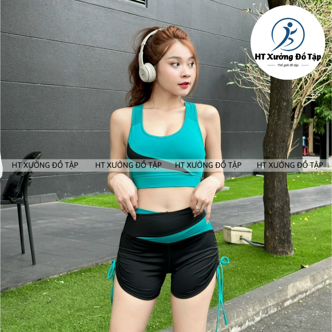 Bộ Tập Thể Thao [D01] Màu Xanh Ngọc - Bộ Đùi Rút Dây Áo Bra Phối Màu Tạo Điểm Nhấn Ấn Tượng