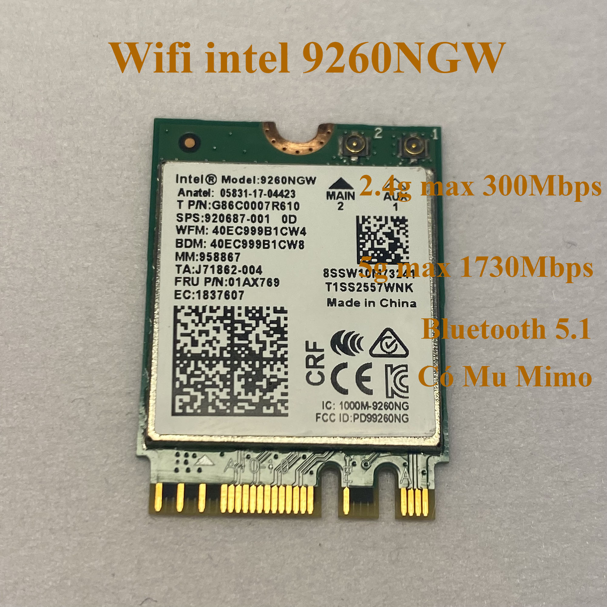 card Mạng Wifi intel 9260ngw AC 2.4g và 5g Kèm Bluetooth 5.1 có đa luồng Mu Mimo dành cho Laptop Dell, HP, Asus...