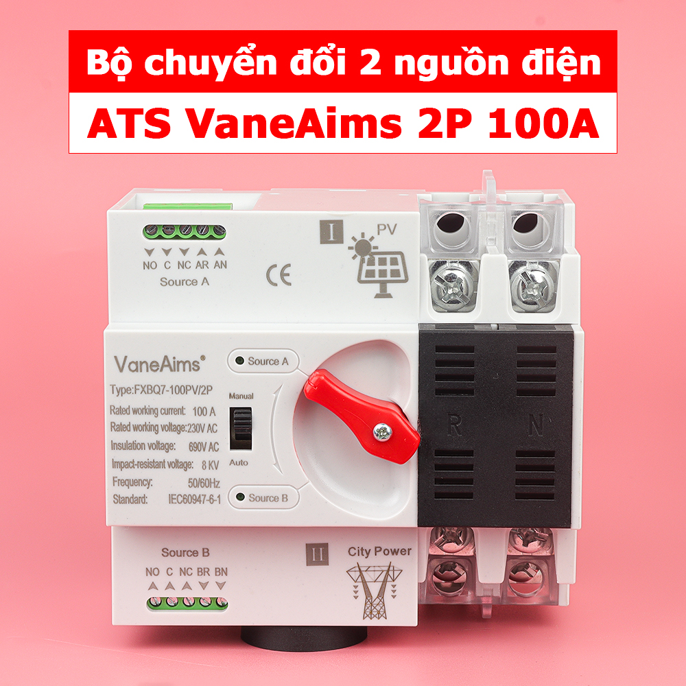 [Có VAT] Bộ chuyển đổi hai nguồn điện ATS VaneAims FXBQ7-100/2P 100A 2P AC 220V không gián đoạn