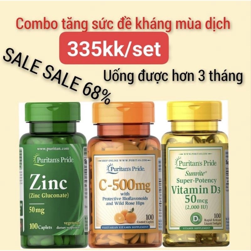 Combo tăng sức đề kháng Vitamin C, Zinc và Vitamin D3 Puritan Pride.