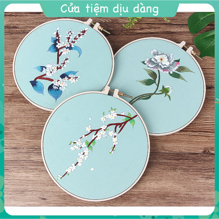 Set thêu embroidery (kèm khung ,vải in sẵn mẫu và chỉ thêu, kim) - cành hoa 1