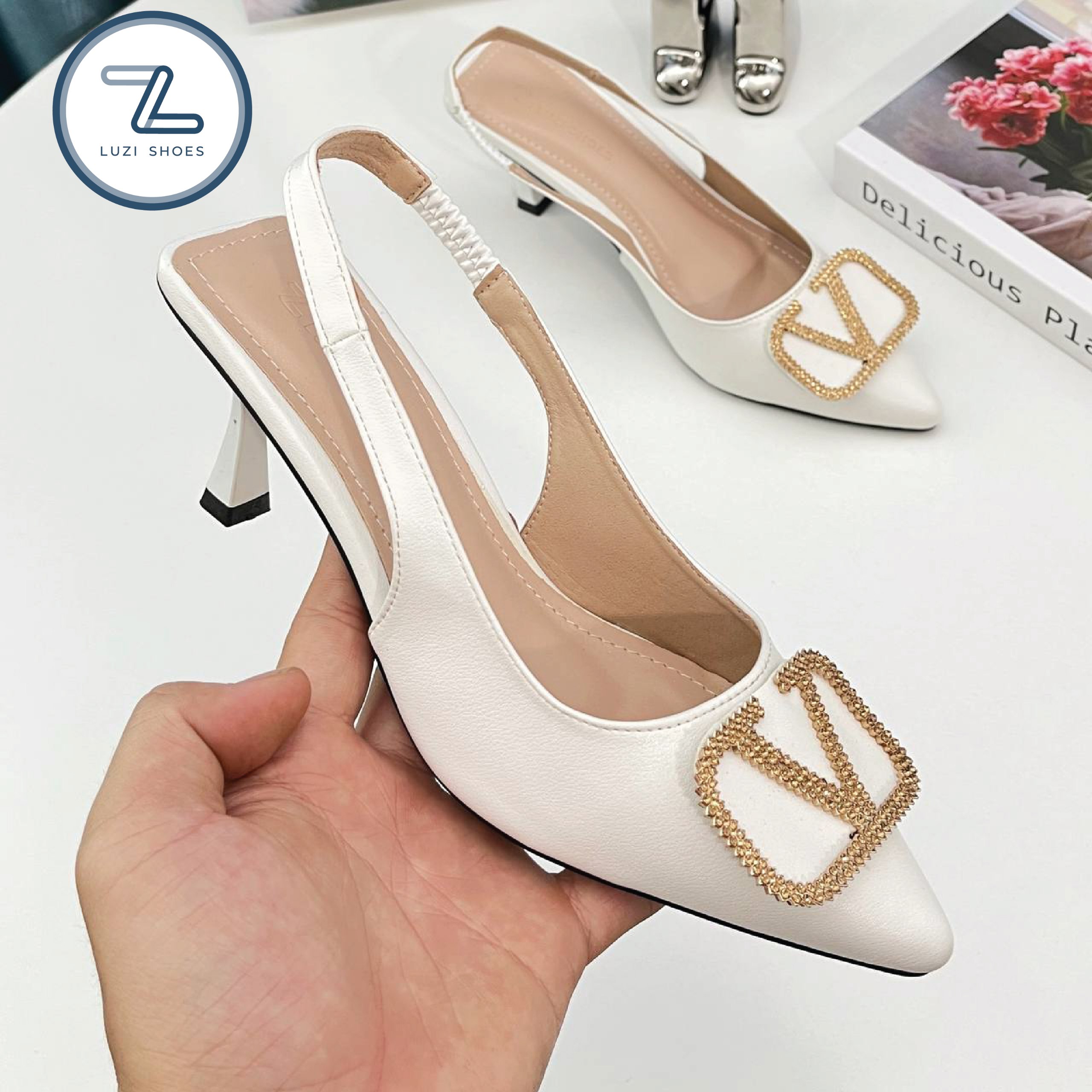 Sục cao gót nữ mũi nhọn gót nhọn cao 7p gắn khóa sang trọng, giày sục nữ bít mũi hở gót sang trọng đi chơi, đi tiệc M43