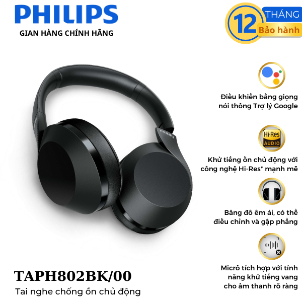 TAI NGHE KHÔNG DÂY BLUETOOTH PHILIPS BASS TAPH802BK/00 --BẢO HÀNH CHÍNH HÃNG 1 NĂM