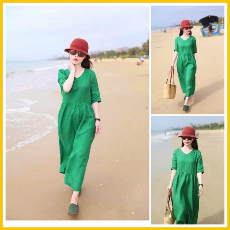 Đầm linen cổ tim nhún eo tay lỡ