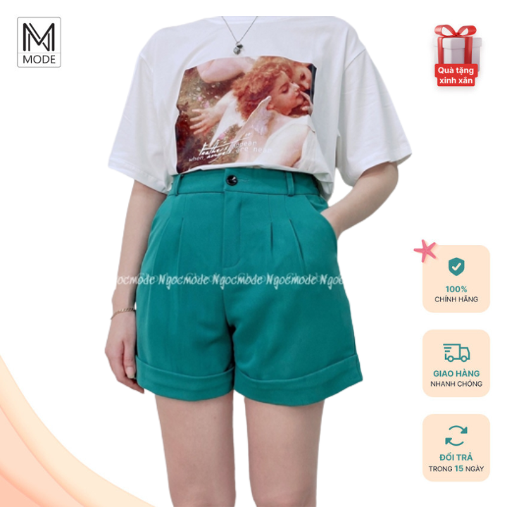 Quần đùi nữ ngocmode gập gấu cạp cao short ống rộng nhiều màu sắc phong cách cá tính trẻ trung