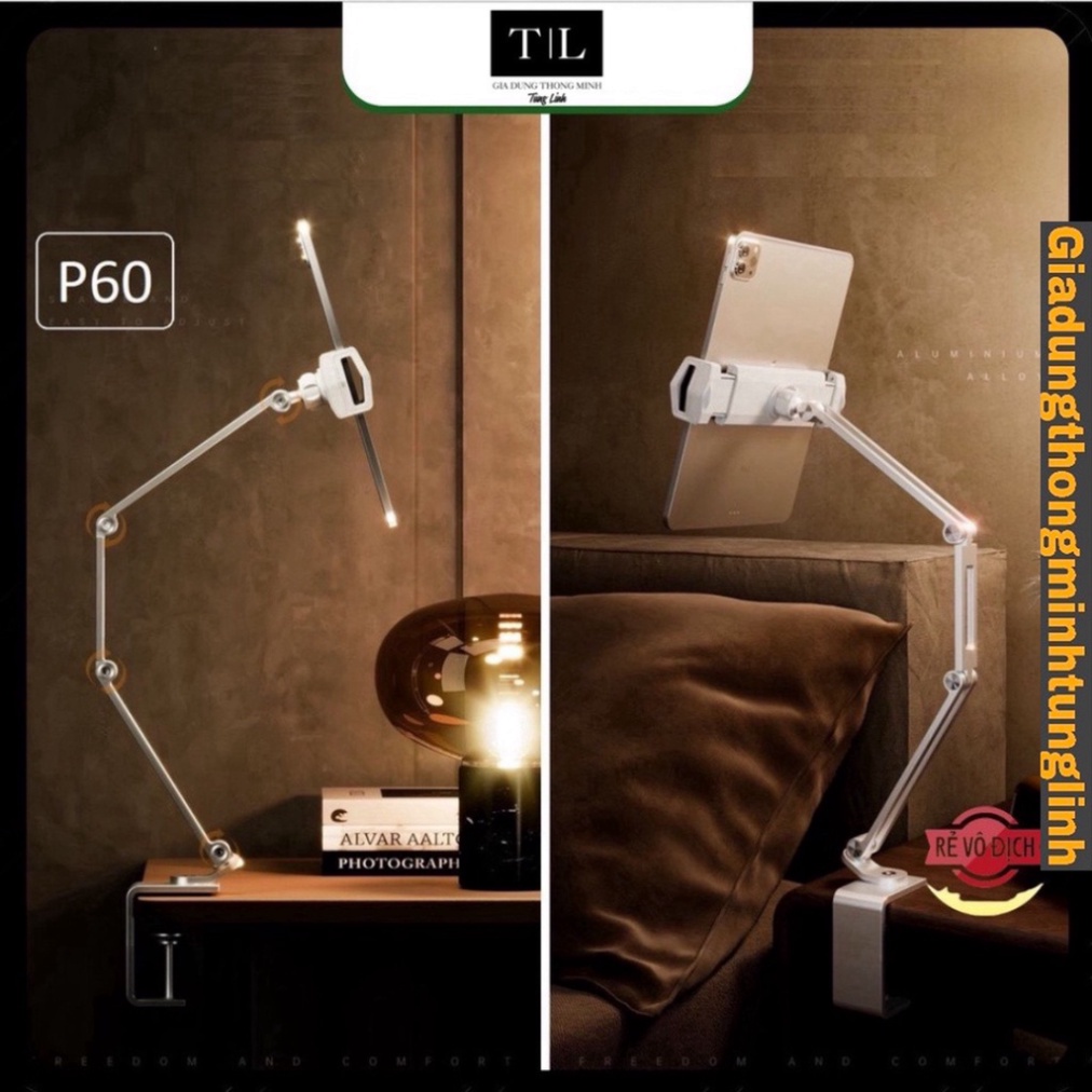 Giá Đỡ Điện Thoại, Ipad Nhôm tháo lắp dễ dàng Kẹp Bàn - Kẹp máy tính bảng xoay 360°, đệm đỡ đần chống va đập