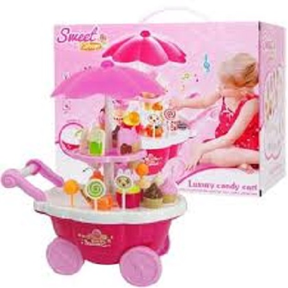 (GIÁ SẬP SÀN) Đồ chơi xe kem 39 chi tiết cho bé gái 2 tuổi hoá trang thành những người bán hàng rong dùng pin phát nhạc có đèn, xe đẩy được đi, có chỗ để đồ, thiết kế nhỏ gọn dễ dàng tháo lắp, nhựa cứng cáp, có độ bền cao
