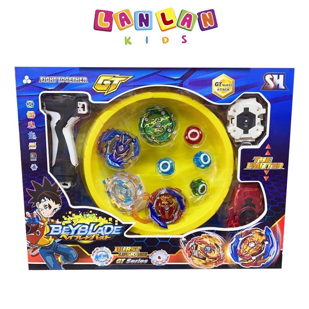 Bộ 4 con quay beyblade 2 tay cầm có bàn đấu vòng xoay thần tốc